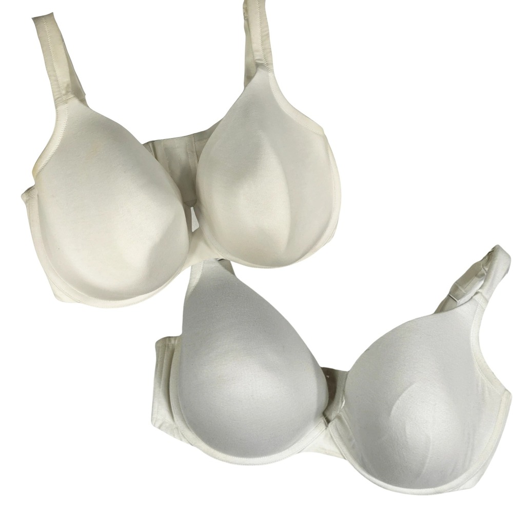 Cacique 44F Bra Lot of 2 White Full Coverage Cotton Boost Plunge‎ Solid Bundle